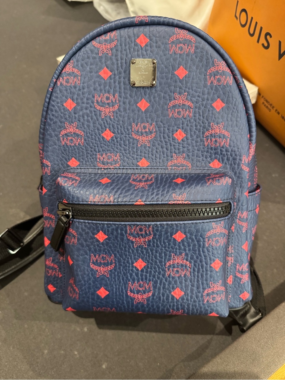 MCM Navy Blue Backpack with Pink Logo Print